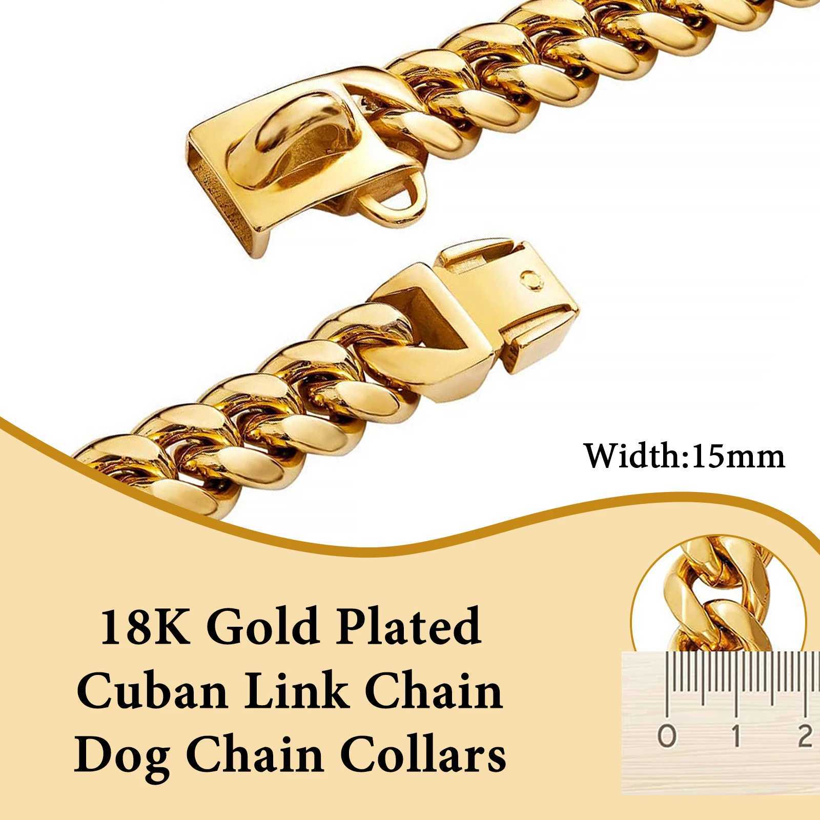 Durable stainless steel dog collar necklace with safety buckle lock gold Cuban chain link pet training collar metal necklace M241228