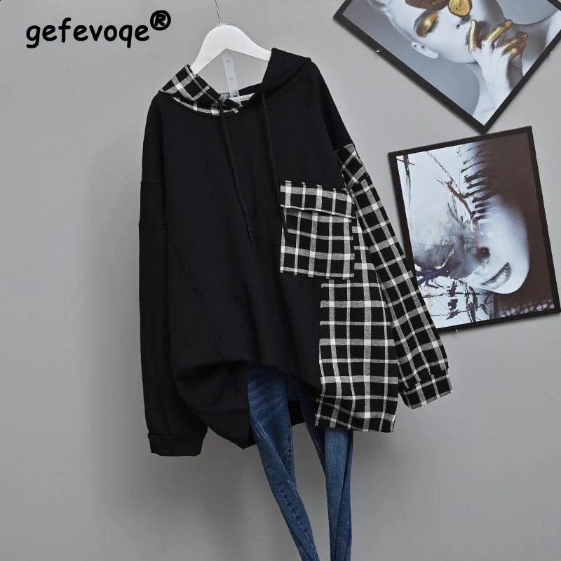 Women Plaid Patchwork Fashion Oversized Streetwear Cotton Hoodies Autumn Casual Long Sleeve Pullovers Female Hooded Sweatshirt 241223
