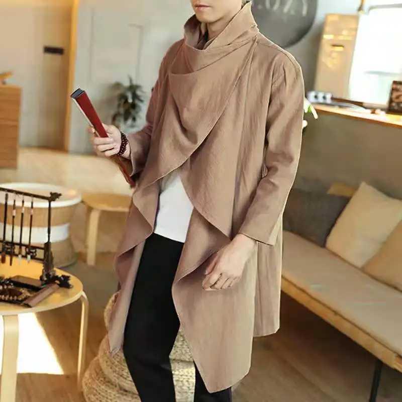 Retro Raincoat Mens Irregular Open Front Coat Long Sleeve Scarf Collar Trench Cotton Coat Solid Coat Mens Street Clothing W241228
