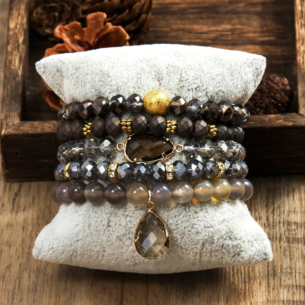Simple Bohemian Women Jewelry 8mm Natural Stone Shining Glass Handmade Beaded Elastic Bracelet 5pcs Stacked Bracelet Set 241227