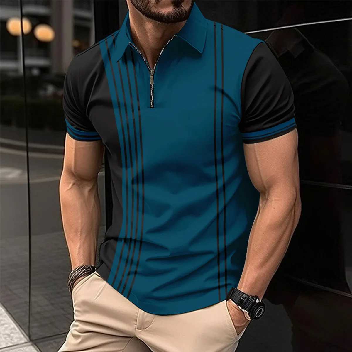2024 Summer Mens Explosive Stripe Ultra Thin Breathable Zipper Collar Mens Clothing Sports and Leisure shirt Shirt X241228