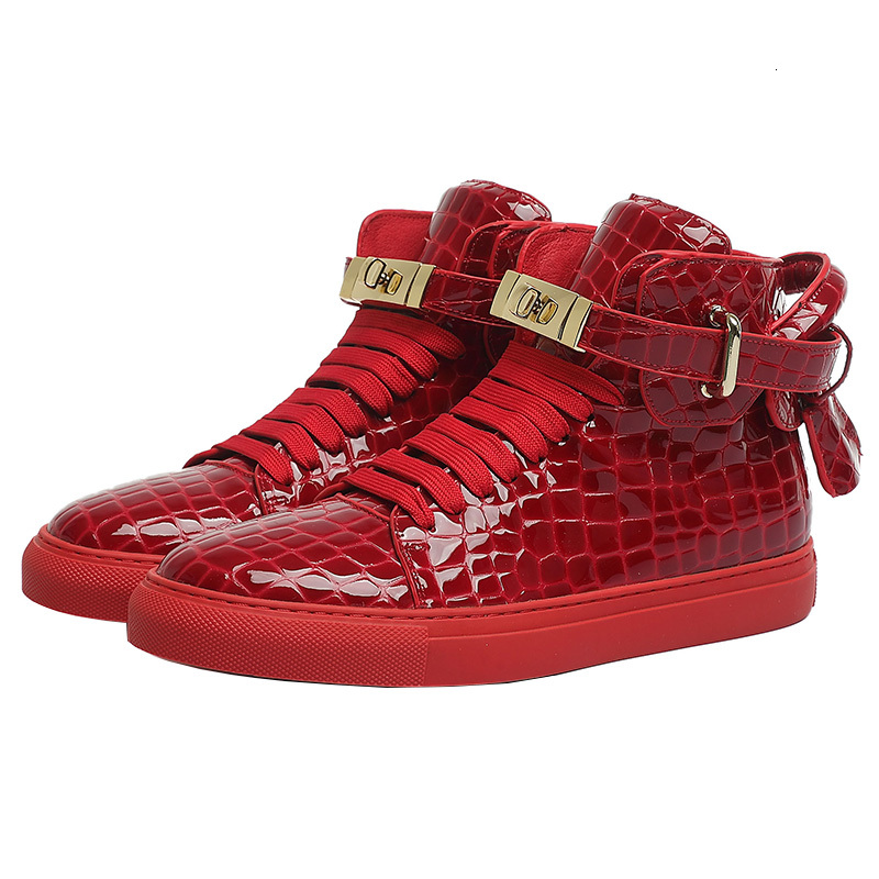 Men Embossed Crocodile High Top Sneakers Lock Lace Red Flats Real Leather Boots Mens Casual Shoes ddmythur