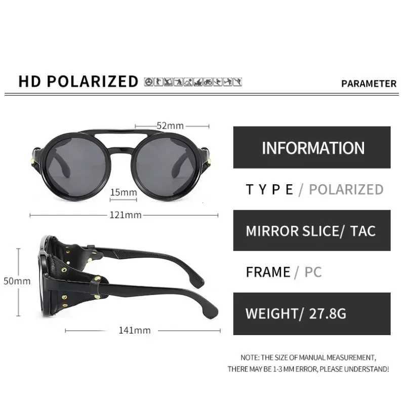 New Steampunk Shields Sunglasses Men Women Classic Sun Glasses with Side Leather Round Eyewears Punk UV400 LensXJ241228