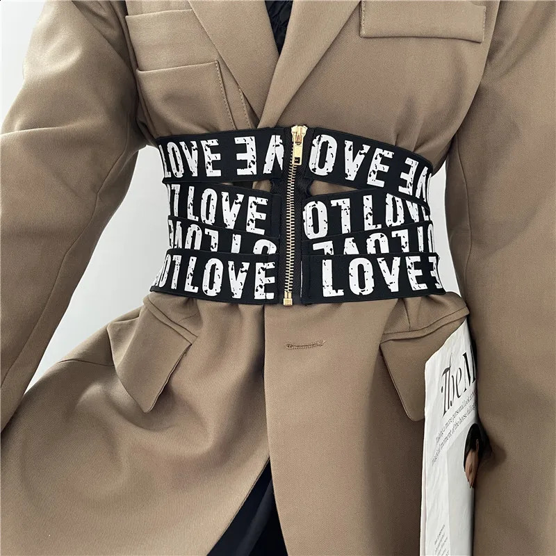 Getspring Women Cummerbunds Letter Printed Zipper Black Wide Belt Fashion Elastic Waistband All Match Ladies Waist Band Corset 241227