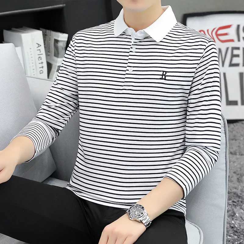 Spring and summer new long sleeved T-shirt shirt shirt mens Korean striped casual top X241228