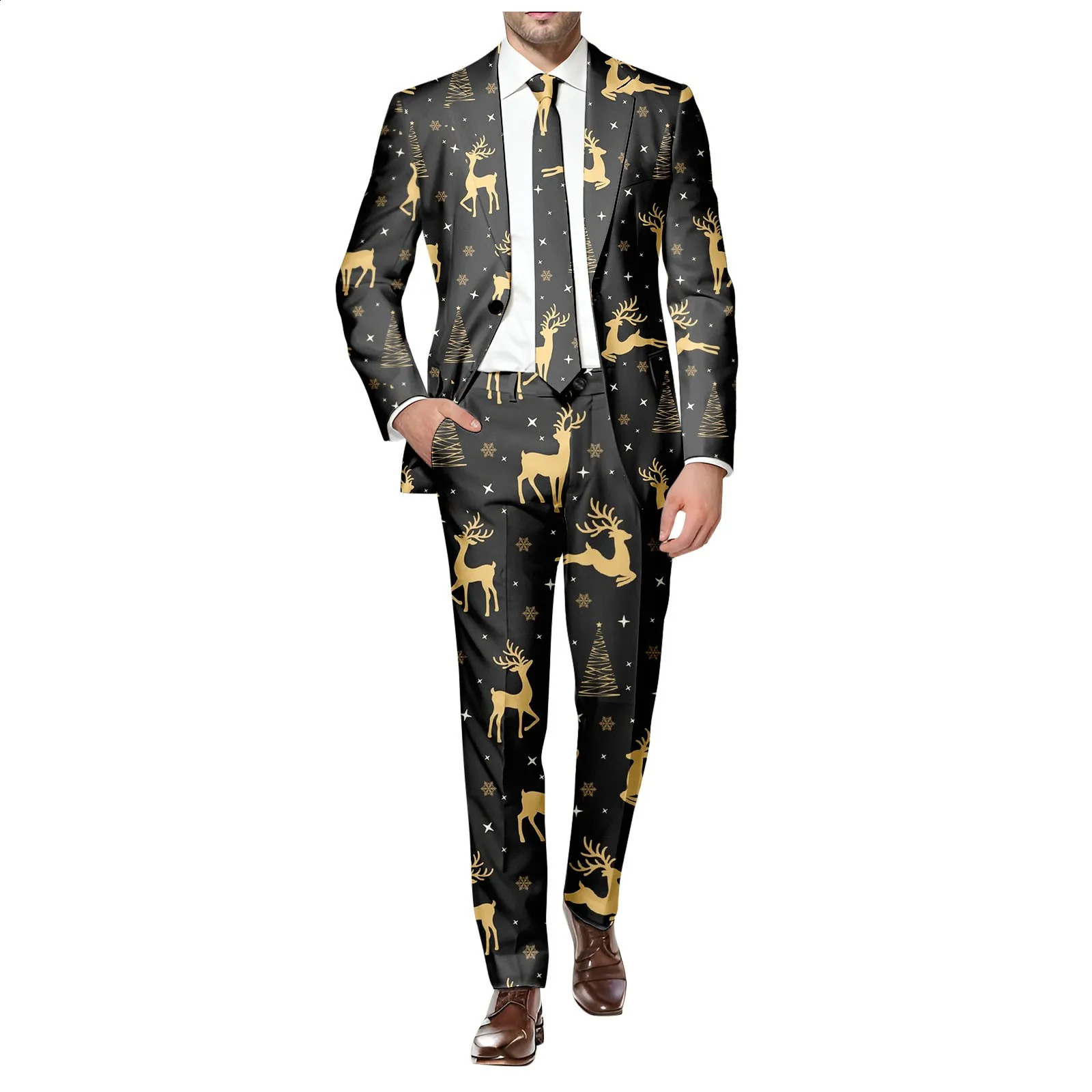 Blazer Mens Christmas 2 Piece Suit Set Snowflake Print Suit Jacket And Pants Set Slim Fit Xmas Party Wear Formal Suit For Men 241227