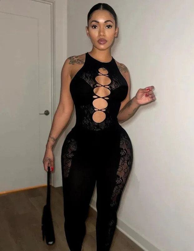 European American Style Spring Womens Fashion Sexy Print Transparent Mesh Shirt Solid Color Hollow High Elastic Tight Jumpsuit 241224Z