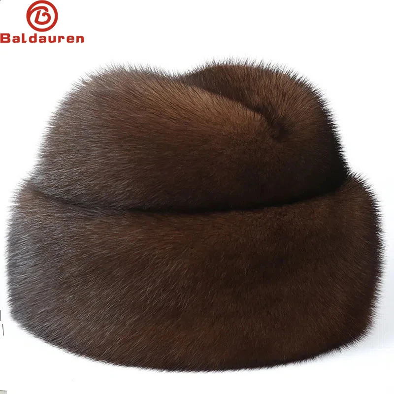 Winter Thickened Genuine Mink Fur Bomber Hat For Man BlackBrown Tag Elderly Ear Warm Chapeau Motorcycle Russian Style Mink Caps 241227