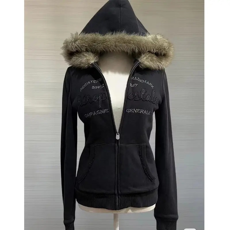 Vintage streetwear Winter fur collar thickened warm hoodie Women zip-up hoodie black lettering comfortable sweatshirt 241227