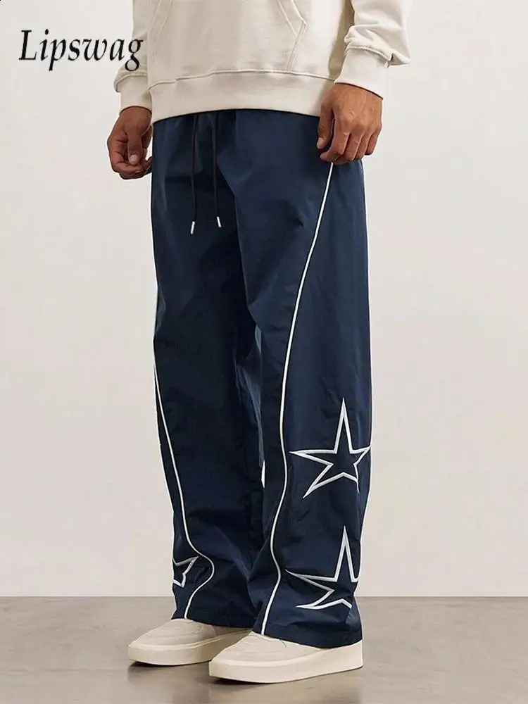 Retro Y2K star embroidered loose pants mens hip-hop brushed straight Trouser Streetwear mens 2025 spring/summer casual pants 241227