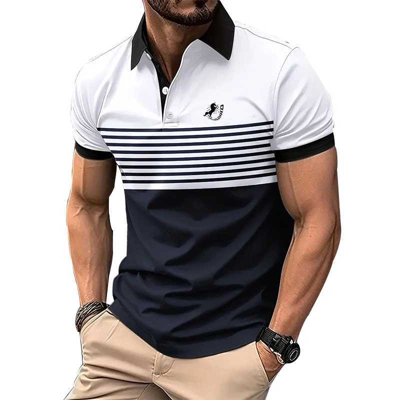 Mens new polyester quick drying shirt shirt mens business casual short sleeved lapel striped shirt shirt printed mens top. X241228