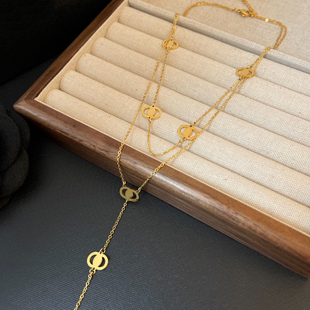 Gold Tone Layered Pendant Necklace With Disc And Bar Charms Trendy Women Jewelry Multi Strand Design For A Stylish Layered Effect