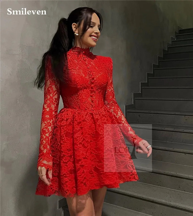 Smileven Lace Mini Red Cocktail Dress Long Sleeve High Neck vestidos de noche Sexy Formal Occasion Dresses Party Gowns 241223