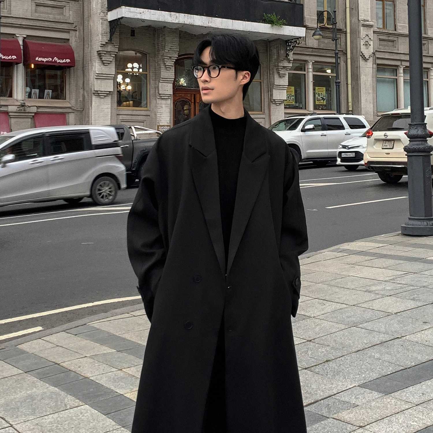 Trench Coat Autumn Korean Mens New Fashion Overcoat Male Long Windbreaker Streetwear Trench Men Outerwear Black/Gray/Coffee W241228