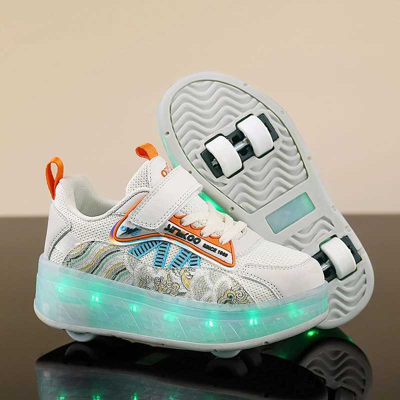 Childrens casual shoes fashionable two wheeled walking shoes shock-absorbing USB charging breathable LED light shoes W241228
