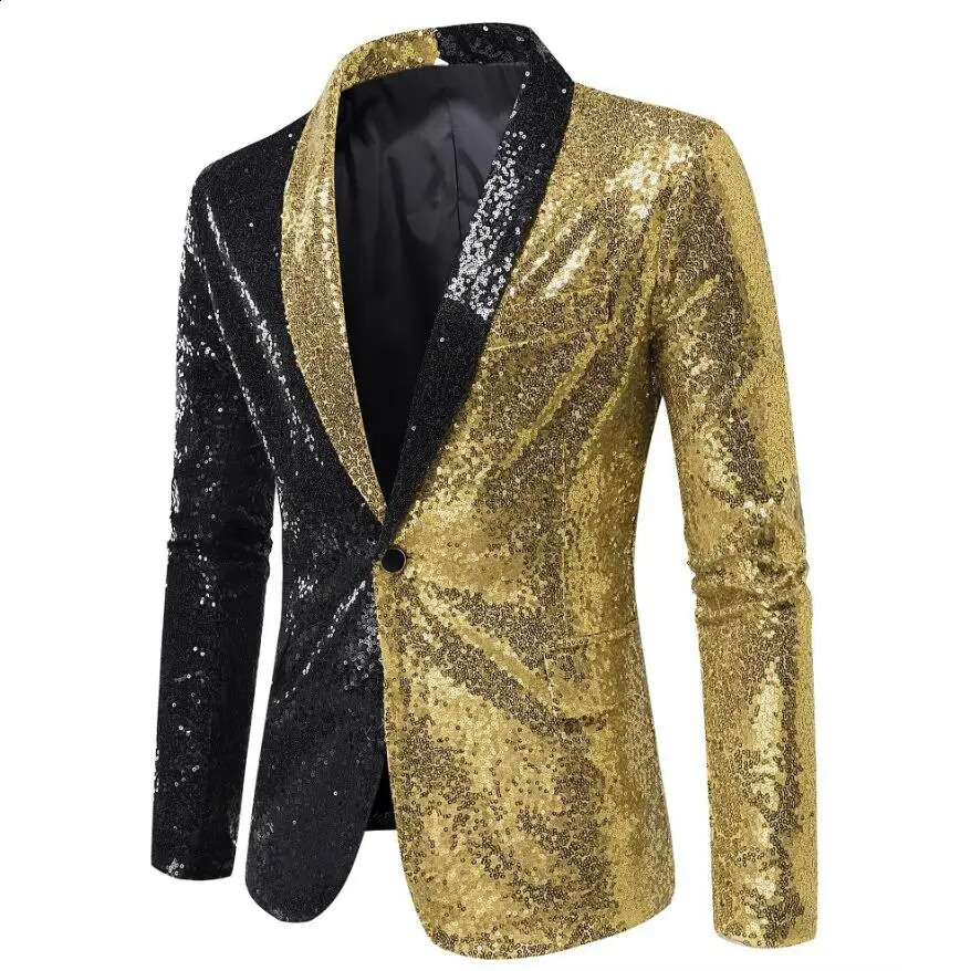 Shining gold sequin mens sports jacket slim fit patchwork mens suit nightclub party DJ stage singer dance show dress 241227