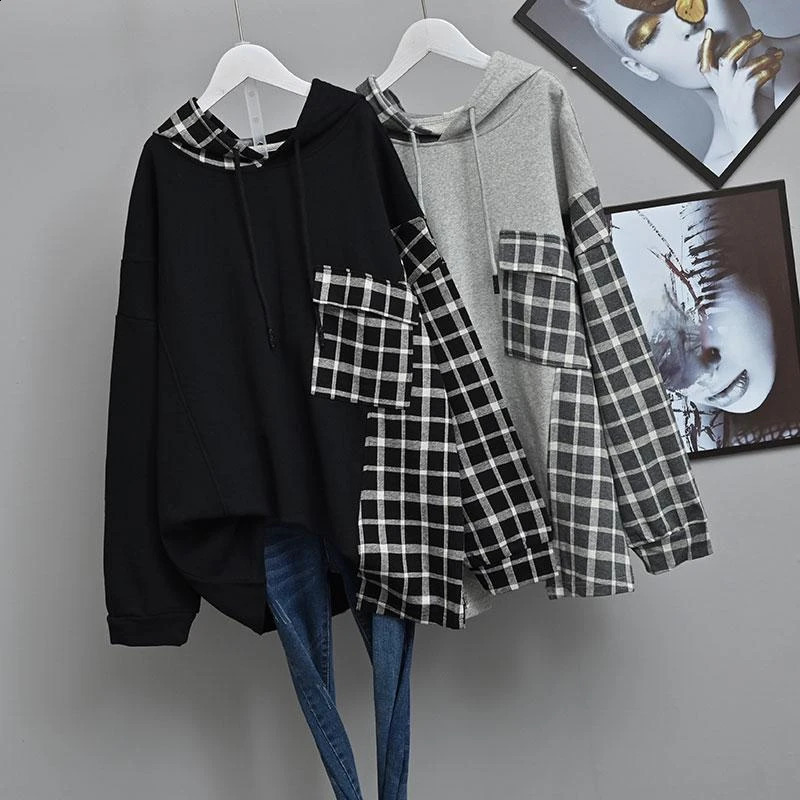 Women Plaid Patchwork Fashion Oversized Streetwear Cotton Hoodies Autumn Casual Long Sleeve Pullovers Female Hooded Sweatshirt 241223