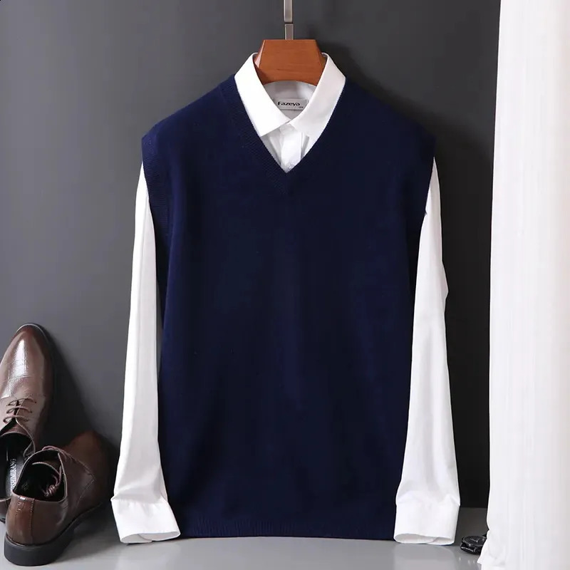 100% Soft Cashmere Sleeveless Cashmere Vest Men Work Sweater Solid Color Knitted Male Waistcoat High Quality Spring Autumn 241228