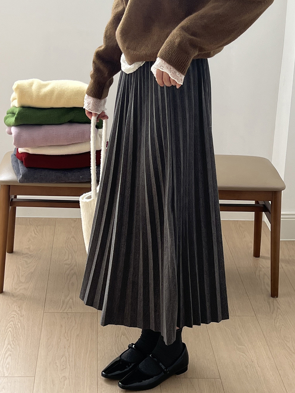 F9233 high waist pleated skirt 2024 autumn and winter new style temperament versatile drape A-line long skirt umbrella skirt