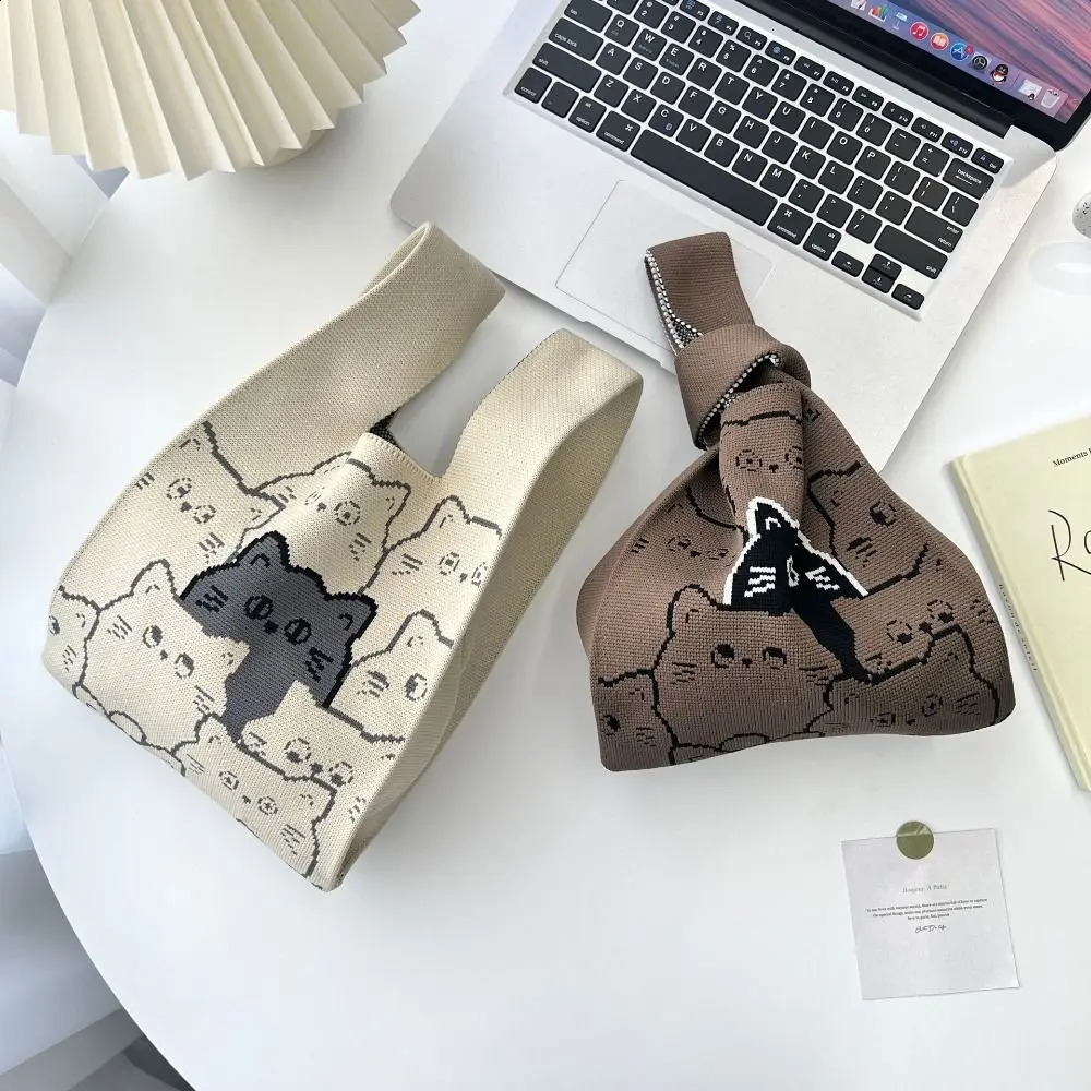 Cat Knit Handbag Casual Handmade Shopping Bags Highcapacity Knot Wrist Bag Girls 241227