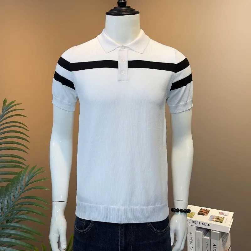 Smart Casual Summer Ice Silk Mens Lapel Striped Contrast Color Button Screw Thread Simplicity Short Sleeve shirt Shirts Tops X241228