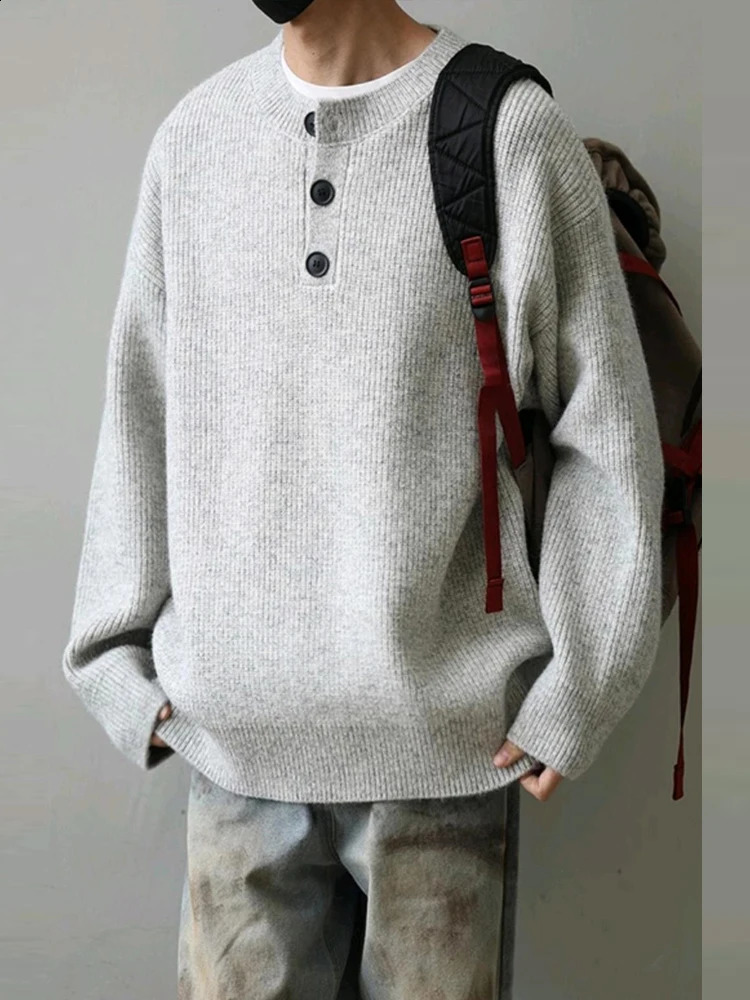 2025 Spring Casual Solid Color Sweaters Mens Knitted Pullover Tops Autumn Men Clothes Knitting Long Sleeve Knit Henley Shirts 241224