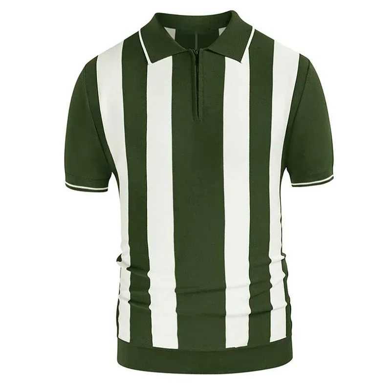 Summer zipper neck polar mens luxury knitted short sleeved shirt shirt casual street clothing striped patch work top fashionable knitted top X241228