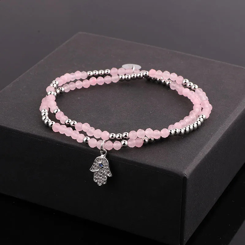 Cute Elegant Natural Stone Rose Quartz Blue Lapis CZ Pave HandCharm Elastic Beads Bracelet For Women Jewelry Gift 241227