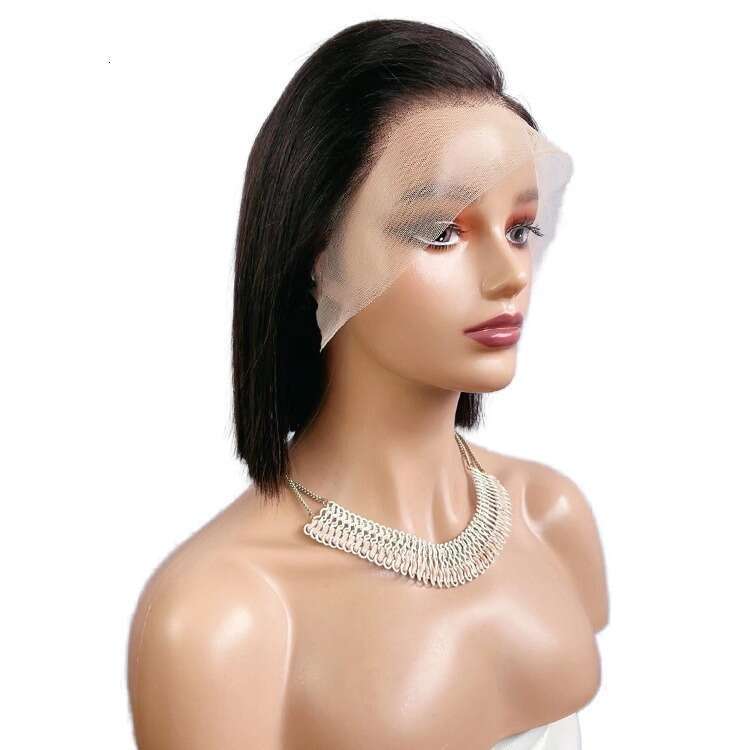 Full Real 13X4 Front Lace Wig Set BOBO Bob Black Short Straight Hair New C-Shaped Partial Distribution Seam Kq2 Kq2