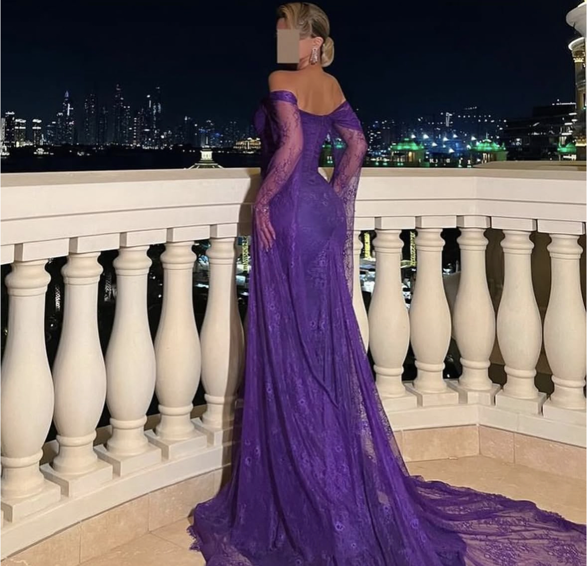 Slim Fit Lace Mermaid Evening Dresses Off Shoulder Long Sleeves Purple Prom Gown For Women Elegant Arabic Dubai Special Occasion Dress