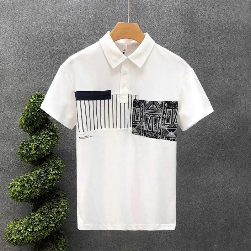 Simple Trend Summer Mens Square Neck Printed Contrast Button Korean Casual Short Sleeve shirt Top X241228
