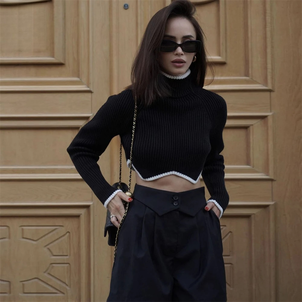 Y2k Turtleneck Crop Sweater For Winter Solid Knitted Long Sleeve Slim Pullovers Jumpers Knitwears Women Clothing