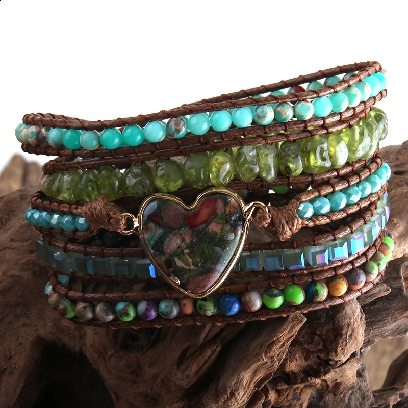 RH Fashion Bohemian Jewelry Women Vegan Boho Bracelet Mixed Natural Stones Heart Charm 5 Strands Wrap Bracelets Drop 241227