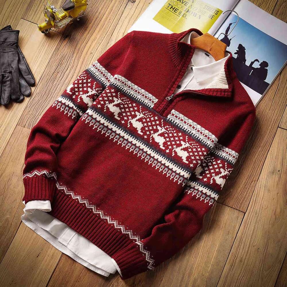 Jacquard Christmas Sweater For Men - Warm Half-Zip Cardigan Jacket, Vintage Style