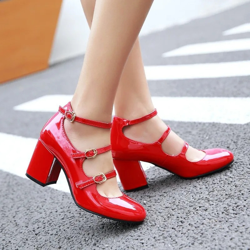 Big Size Spring Women Pumps Thick Block High Heel Patent Leather Round Toe Autumn Office Dress Party Bridal Red Lady Shoes 34-43 241228