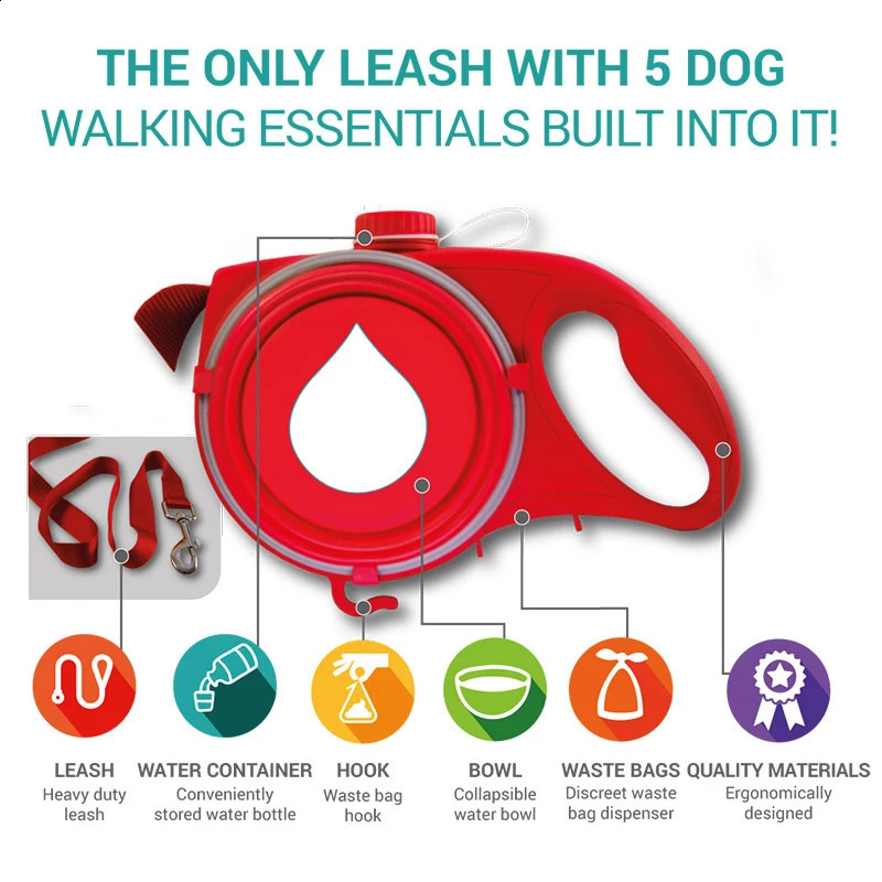 Multifunction Pet Dog Leash with Built-in Water Bottle Bowl Waste Bag Dispenser SDF-SHIP 241225
