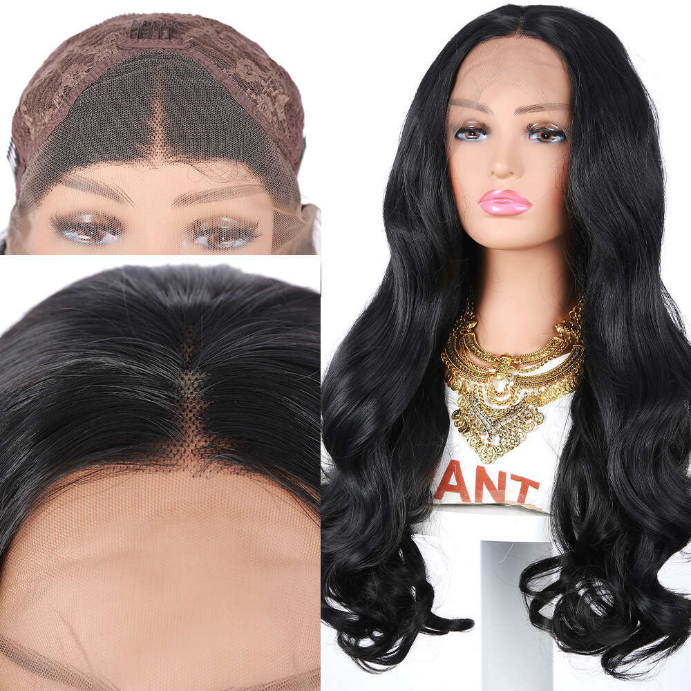 New Women's 13 * 4 Front Lace Synthetic Wig Head Cover Black Medium Split Large Wave Long Curly Hair Kq2 Kq2
