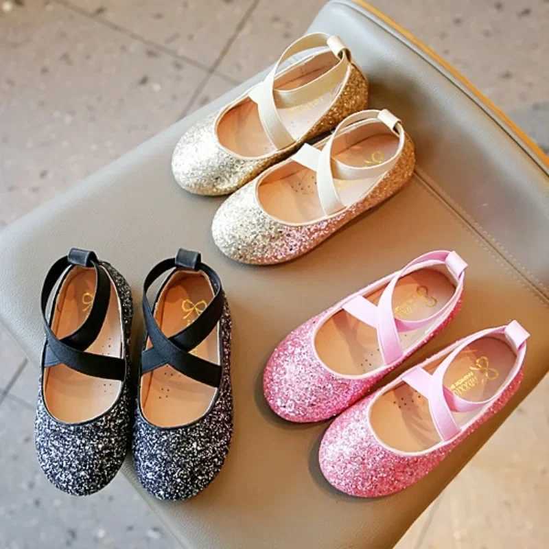 Princess Glitter Leather Girls Shoes Soft Comfortable Shiny Sequined Kids Shoes Sweet Wedding Dress For Flats Mary Jane Shoes W241228