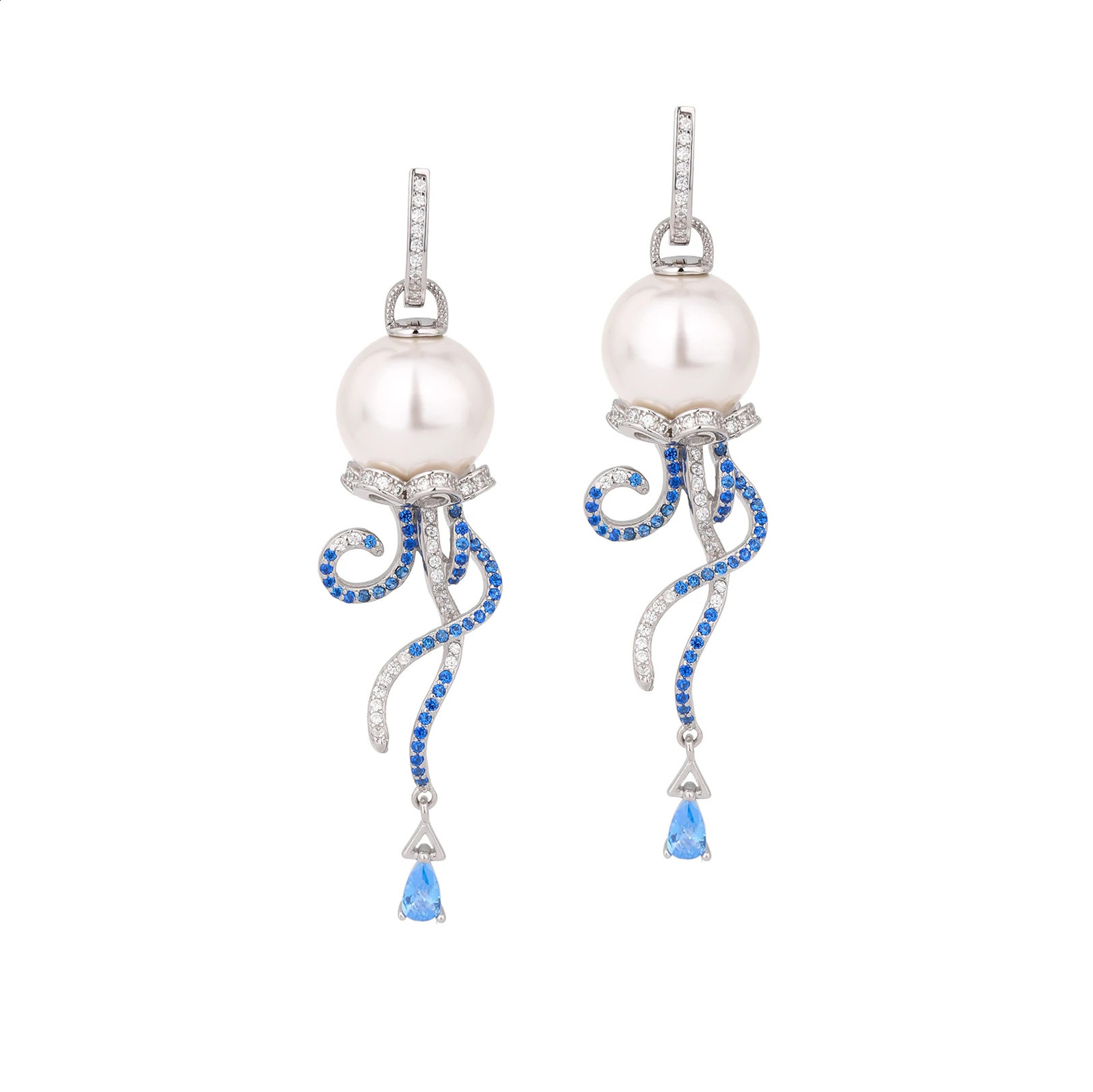 S925 Sterling Silver Simple Pearl White Blue Zircon Earrings with Circles High Quality Temperament Versatile Octopus Ornaments 241226