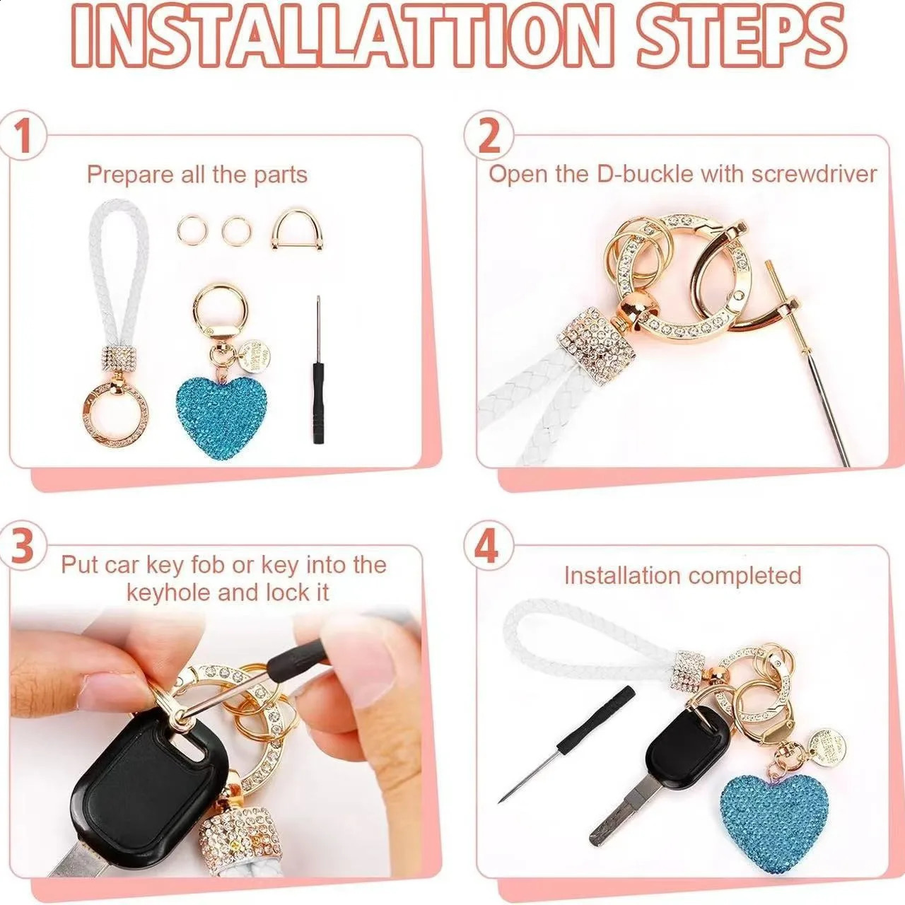 Full diamond love key Chain studded leather rope Heart-shaped Car key chain Female exquisite pendant Car accessories interior 241227