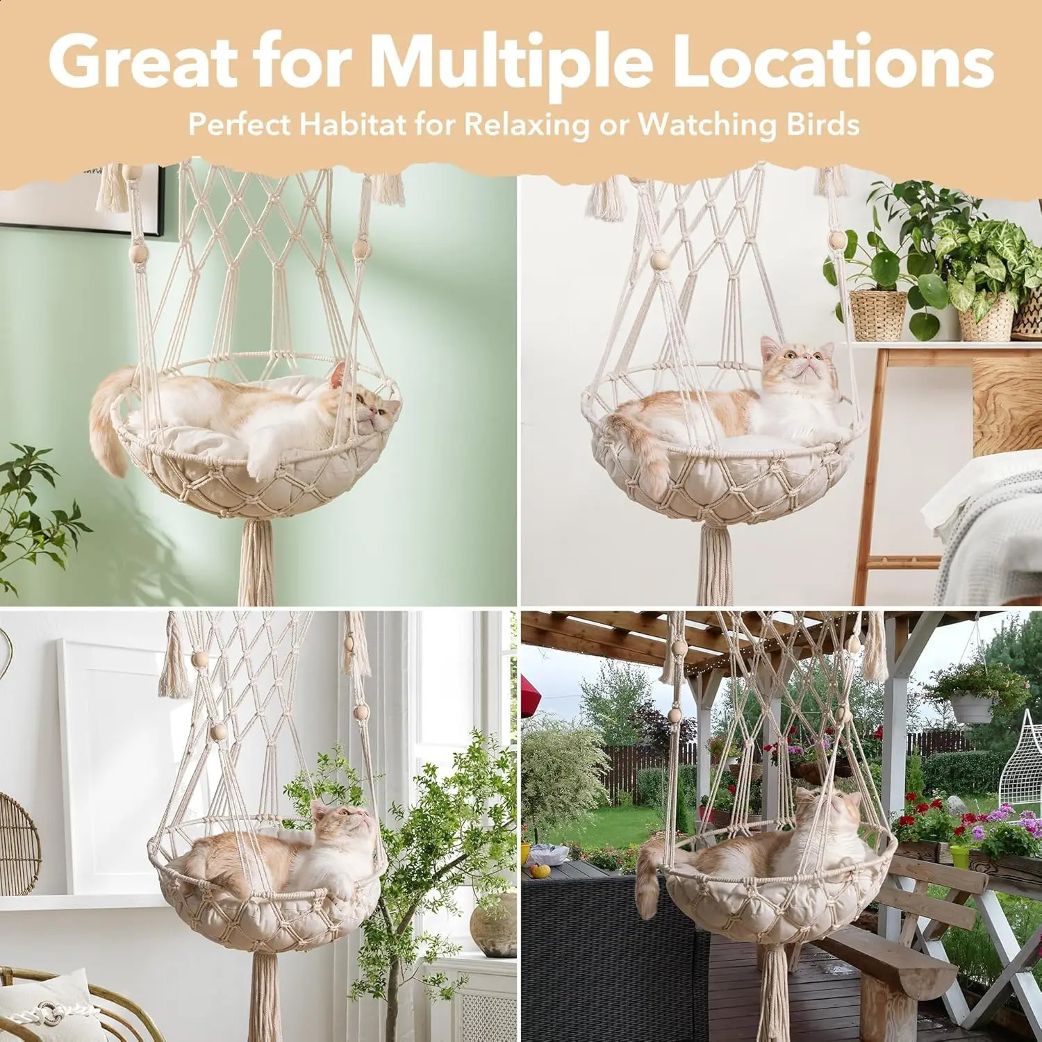 Mewoofun Cat Hammock Handwoven Cat Swing Bed on Wall Hanging Window Perch with Washed Cotton Mat for Indoor Cats 241225