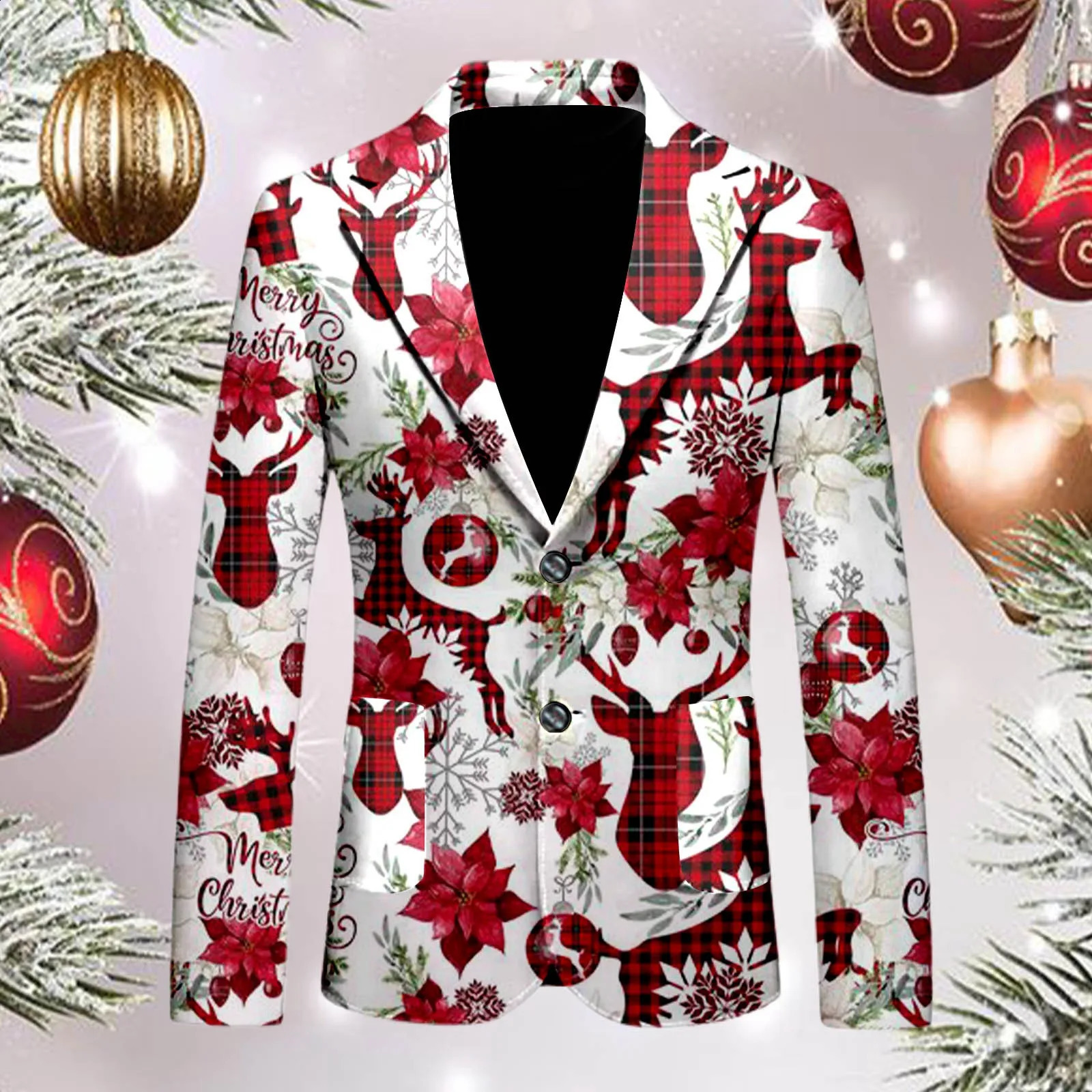 Mens Blazers Christmas Funny Cartoon Santa Snowman Printed Loose Single Breasted Casual Fashion Suit Jacket With Pockets 241227