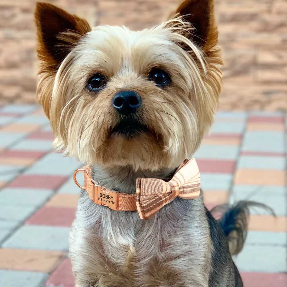 Customized Plaid Pet Collar High Quality Personalized Dog With Bowtie Adjustable Dogs Collars Free Engraving Accessories M241228