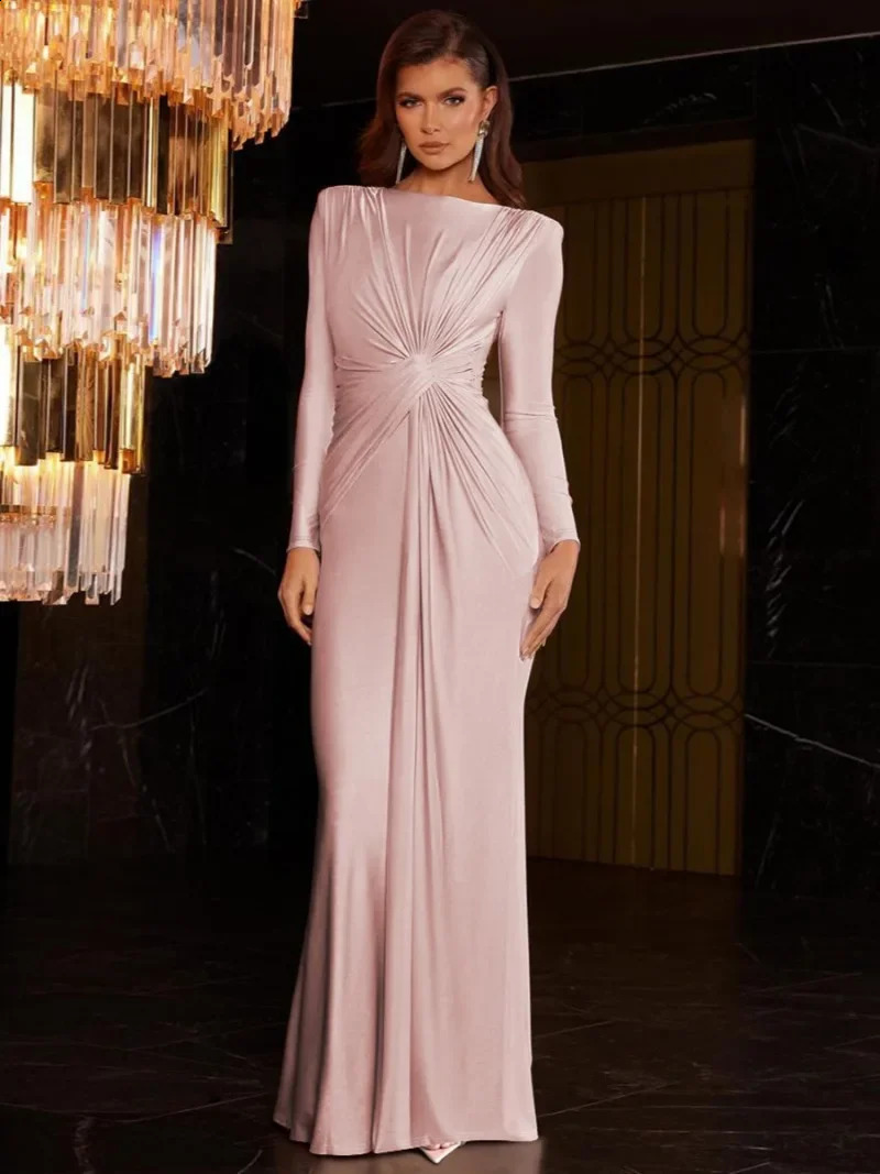 Womens Formal Occasion Dress Elegant Ladies O-neck Long Sleeve Folds High Waist Bodycon Gray Dresses Evening Party Robe 241223