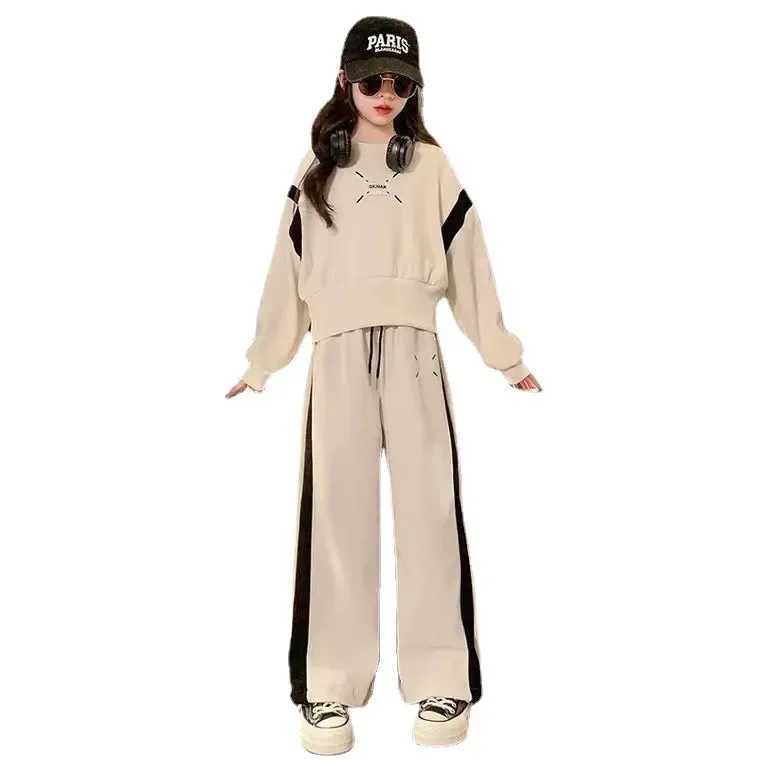 Girls Casual Sports Suit Clothes Spring and Autumn Junior Children Korean Fashion Splicing Tops Long Pants 2 Piece Sets 3-15Y X241228