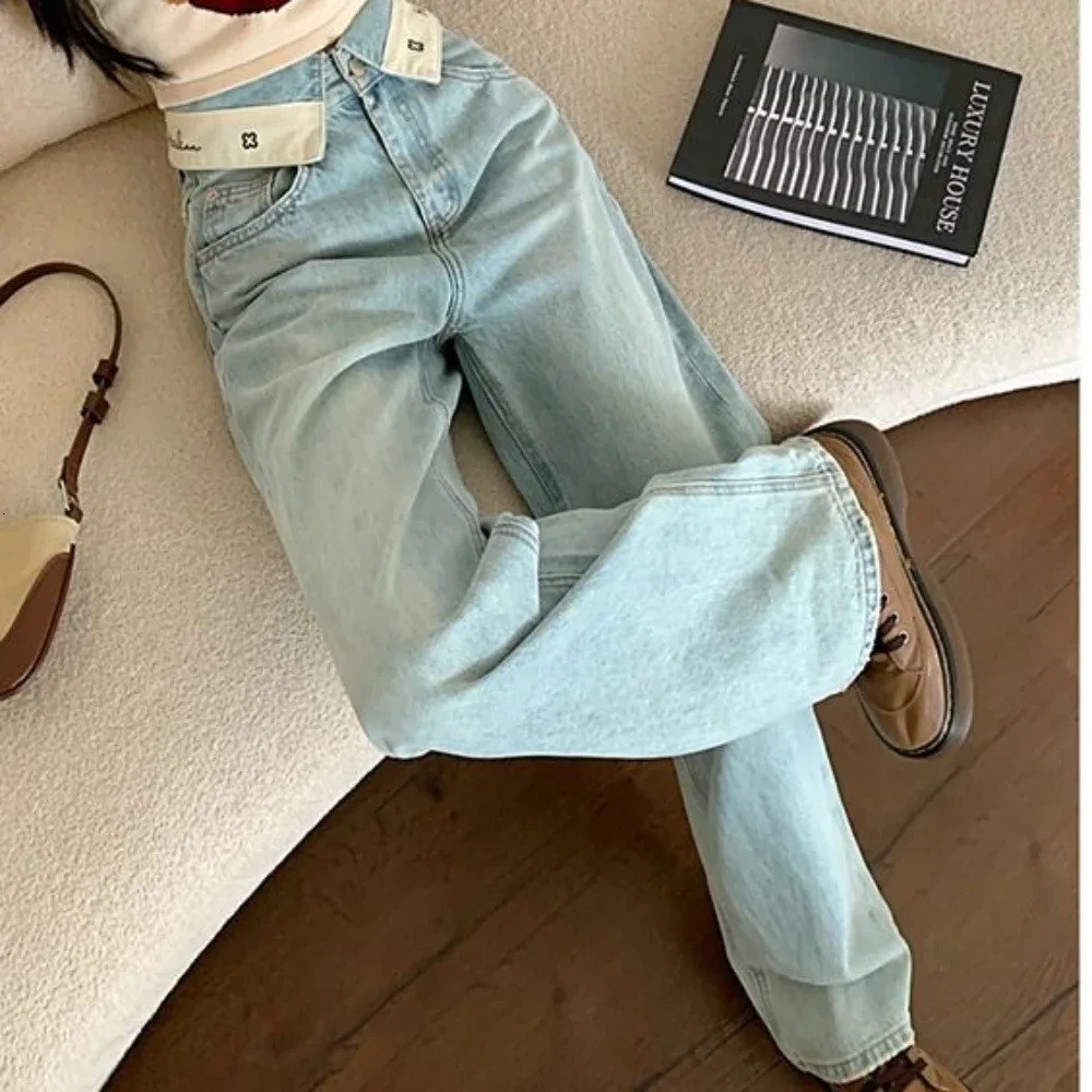 Letter Trousers With Pockets Pants For Woman Blue Straight Leg Women's Jeans High Waist Shot Baggy Grunge Y2k Gyaru Stylish Xxl