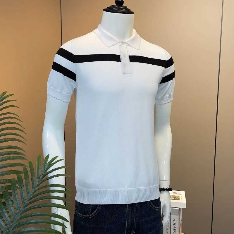 Smart Casual Summer Ice Silk Mens Lapel Striped Contrast Color Button Screw Thread Simplicity Short Sleeve shirt Shirts Tops X241228