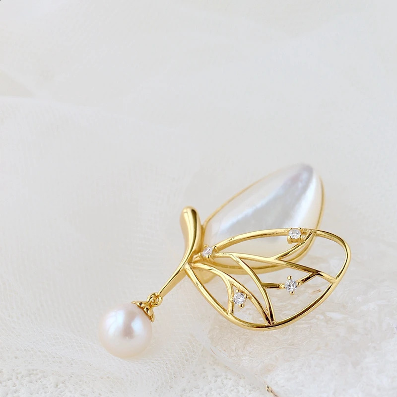 925 Sterling Silver Brooch Gold Plated Butterfly Inlaid Natural Freshwater Pearl Shellfish Trendy Jewelry Gift 241227