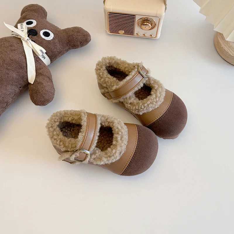 Winter Solid Preschool Girls Apartment Shoes PU Plush Warm Childrens Winter Shoes Shallow Hook Loop Soft Childrens Mary Jens W241228