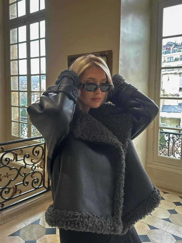 Winter Warm Sherpa Womens Jackets Fashion Spliced Sheepskin Long Sleeve Lace Up Cropped Outerwears Casual Street Clothing 241227